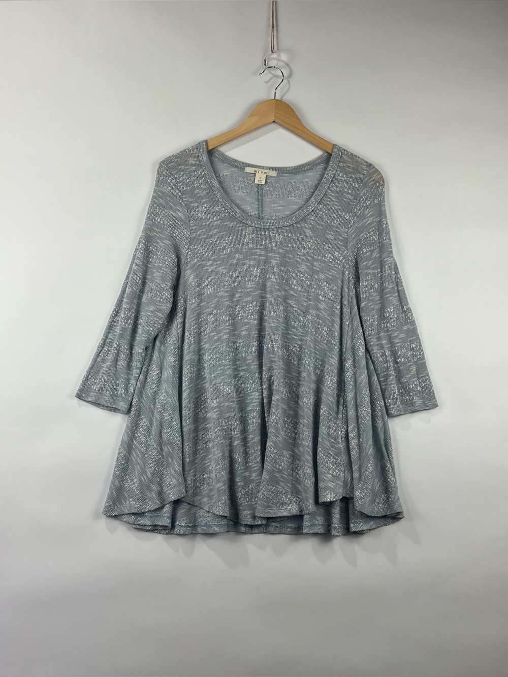 Miami Blue Gray Marled Knit Flowy Tunic Top 3/4 Sleeve L
